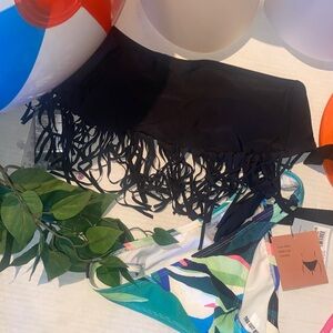 Shade & Shore Black Fringe Bikini Top with Green and Blue Patterned Bottom